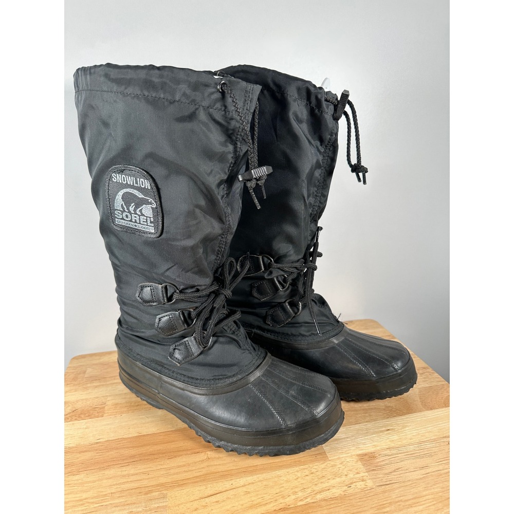 Womens Vintage Sorel Black‎ Snowlion Winter Boots Waterproof Nylon Rubber Size 7
